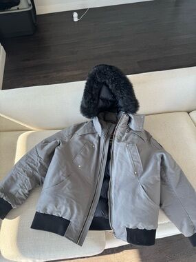 Moose Knuckles Men's Grey Puffer Jacket with Black Fur-Trim Hood